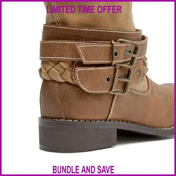 Women's Mid-Calf Motorcycle Boots Buckle Straps Pull-On Low Heel Slouchy
